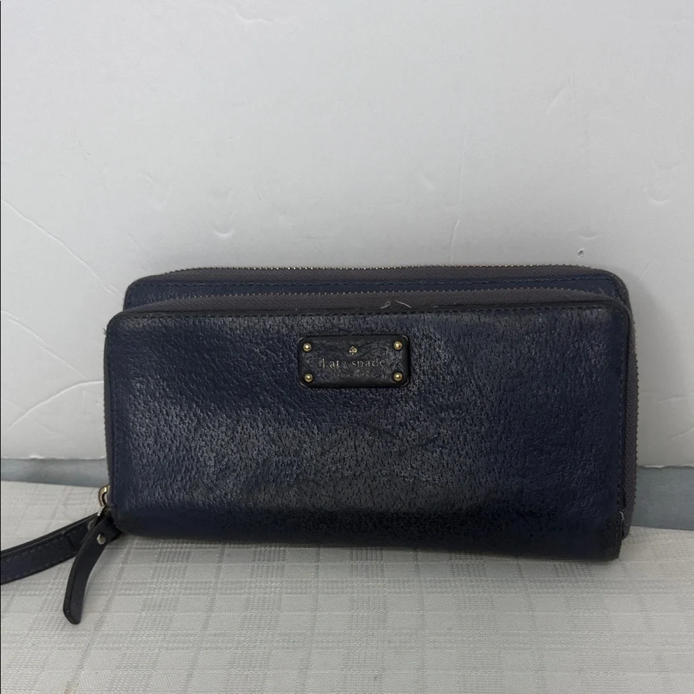 Kate Spade NY Anita Slate Blue Leather Double Zip Coin Card Bill Wristlet Clutch